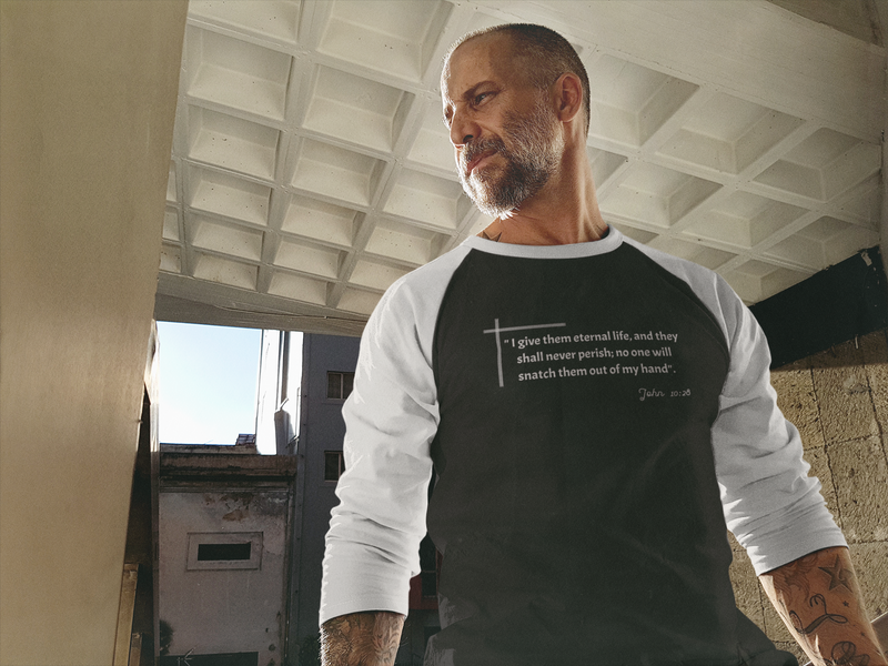 "I give them eternal life and they shall never perish; no one will snatch them out of my hand" John 10:28 Unisex 3\4 Sleeve Baseball Tee.