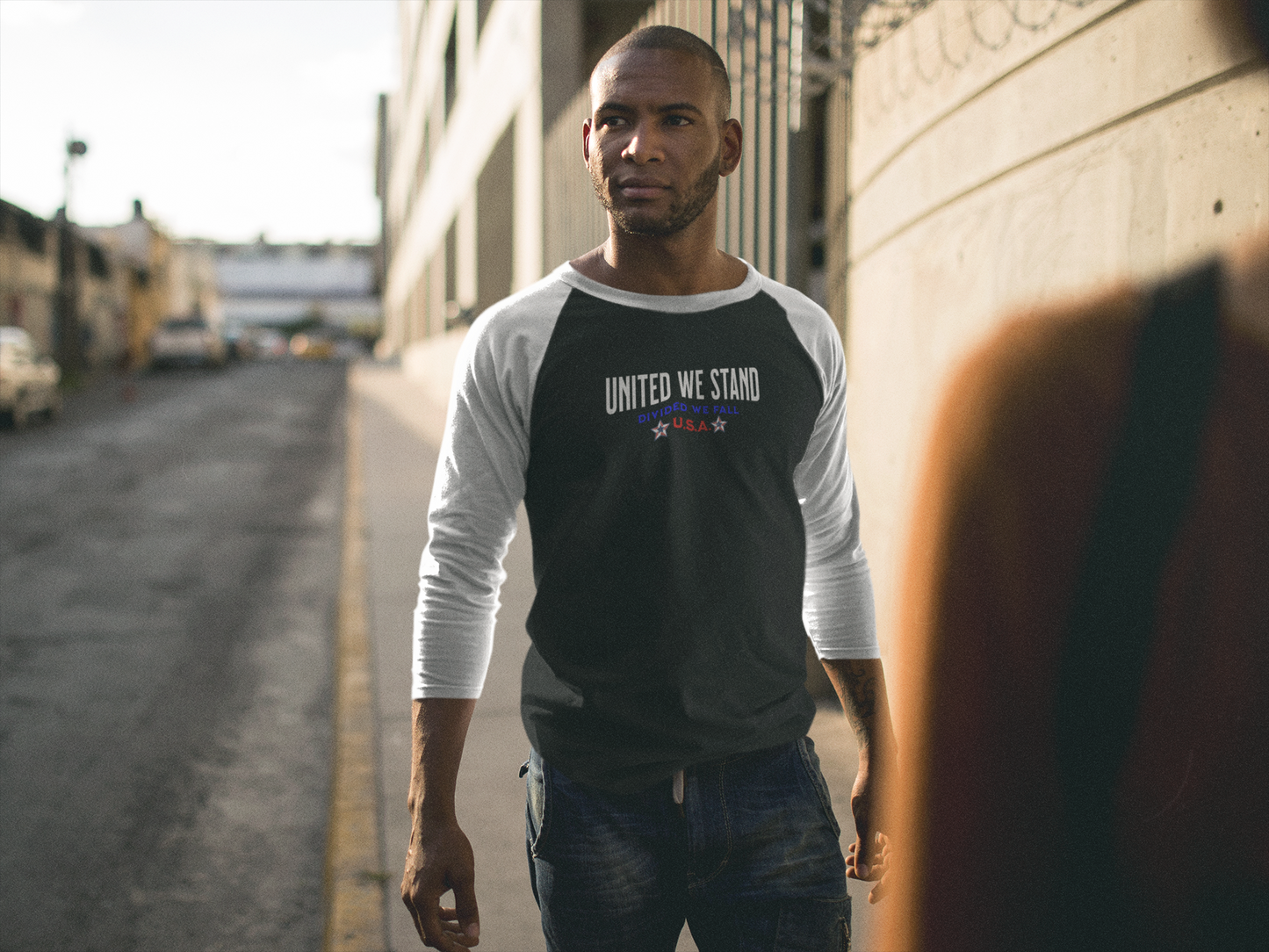 'United We Stand, Divide We Fall -U.S.A.- Unisex 3\4 Sleeve Baseball Tee.