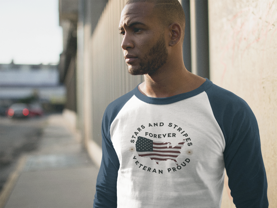 'Stars and Stripes Forever -Veteran Proud-'. Unisex 3\4 Sleeve Baseball Tee.