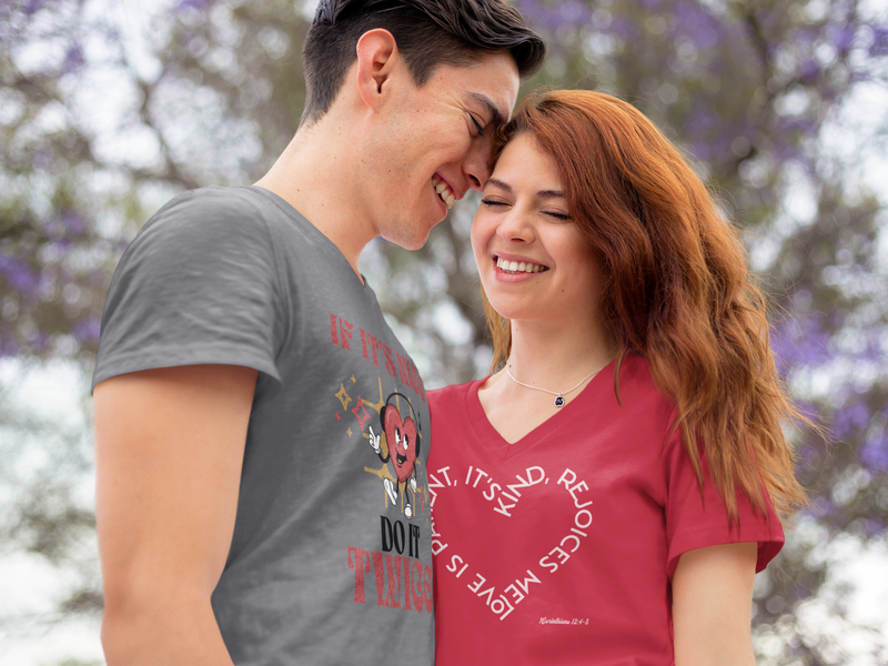 " Love is patient, it's kind, it rejoices me" 1 Corinthias 13: 4-8 Unisex Jersey Short Sleeve V-Neck Tee.