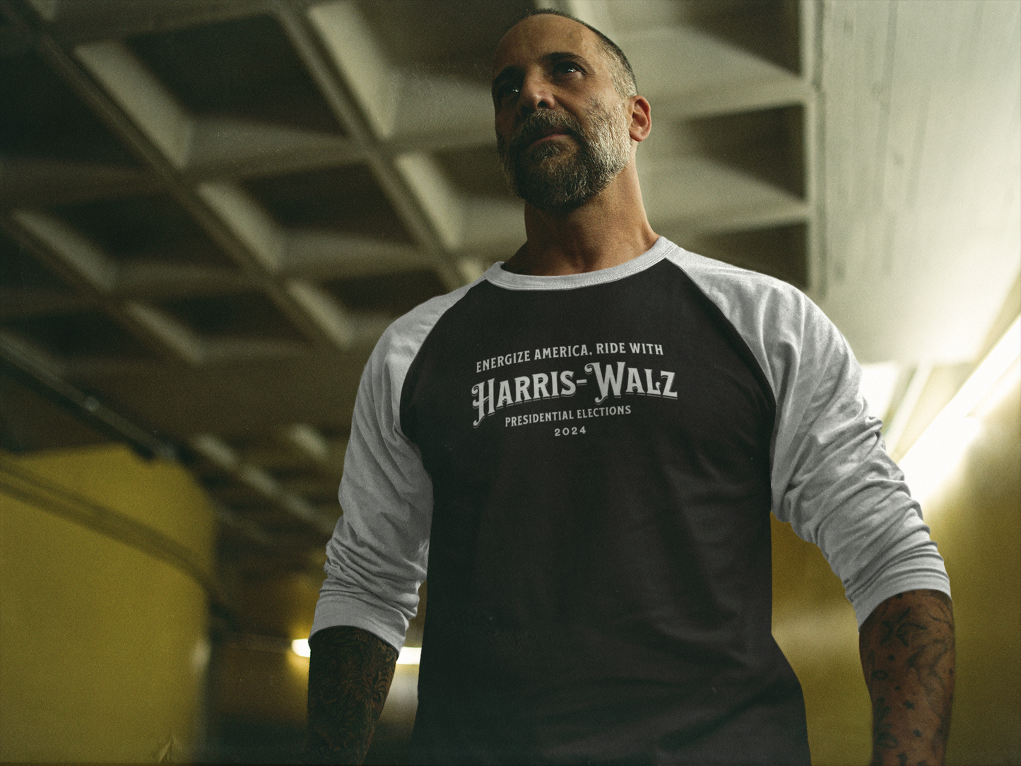 'Energize America, Ride with Harris-Walz! -Presidential Elections 2024-.' Unisex 3\4 Sleeve Baseball Tee.