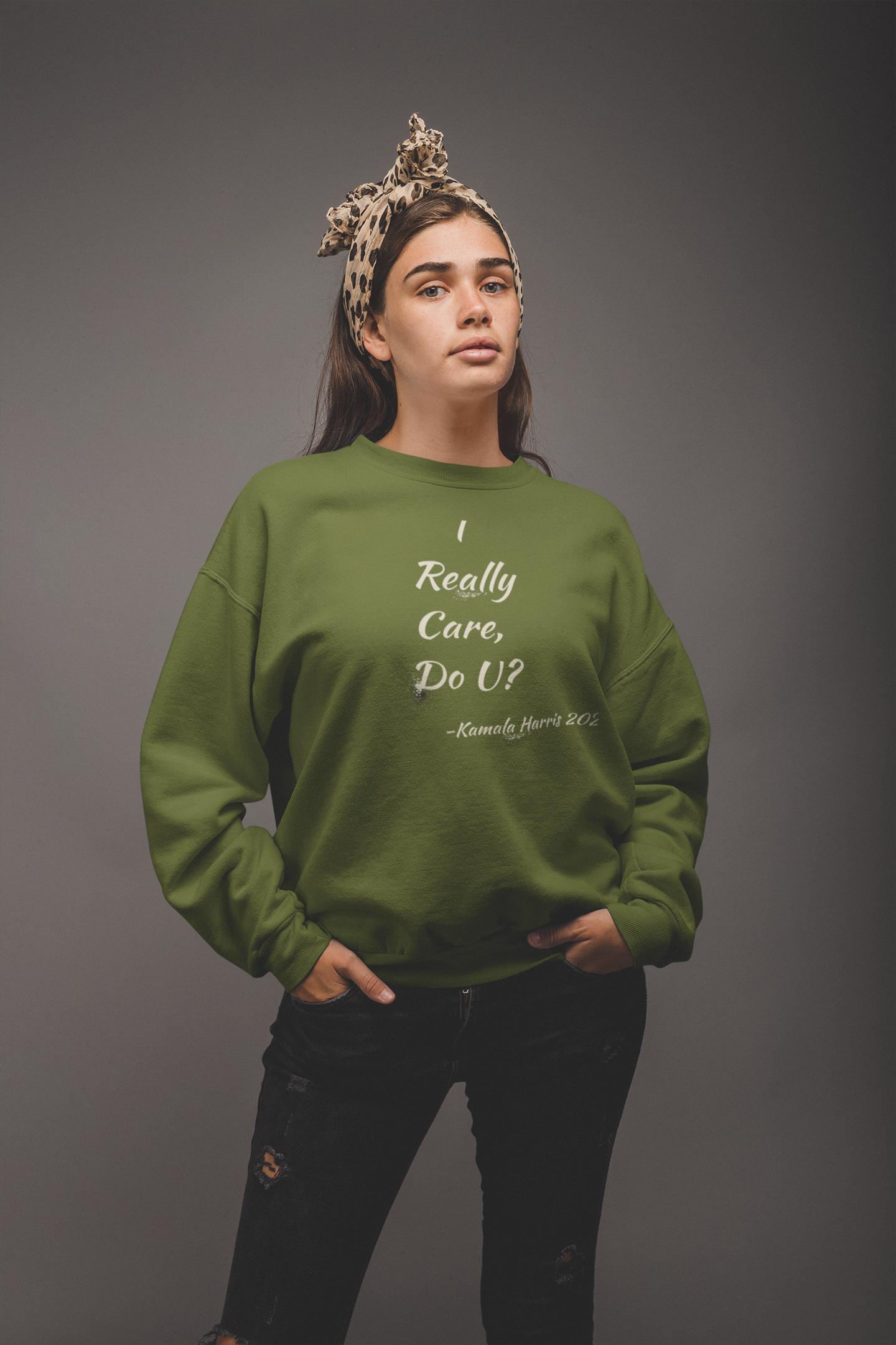 'I Really Care, Do U? -Kamala Harris'. Unisex Heavy Blend™ Crewneck Sweatshirt.