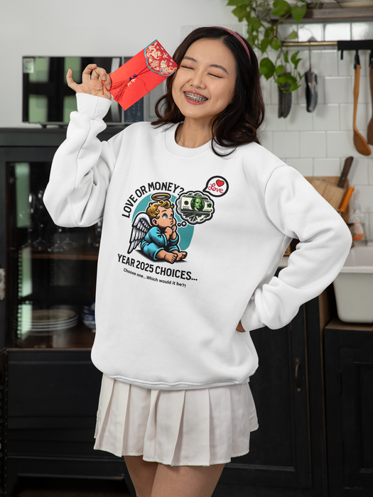 'Love or Money? Year 2025 Choices...Choose One...Which would it be?! Unisex Heavy Blend™ Crewneck Sweatshirt.