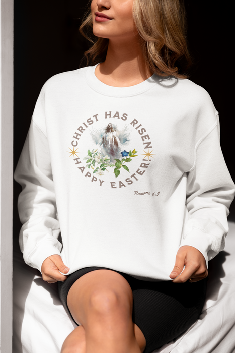 ' "Christ has Risen" Happy Easter!' Romans 6:9 Easter Themed Unisex Crewneck Sweatshirt -