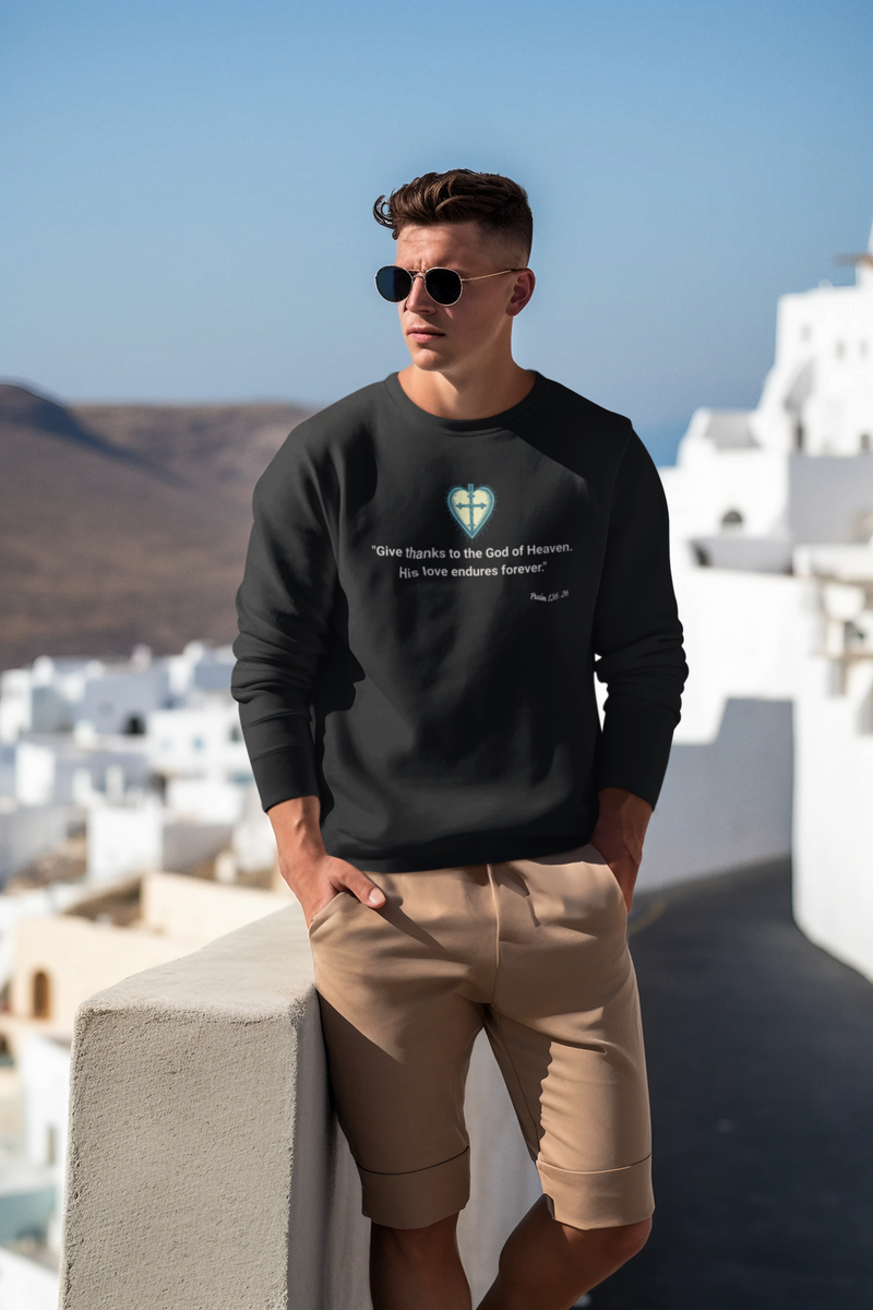"Give thanks to the God of heaven. His Love endures forever". Psalm 136:26 Unisex Heavy Blend™ Crewneck Sweatshirt.