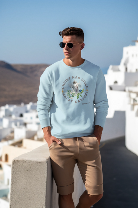 ' "Christ has Risen" Happy Easter!' Romans 6:9 Easter Themed Unisex Crewneck Sweatshirt -
