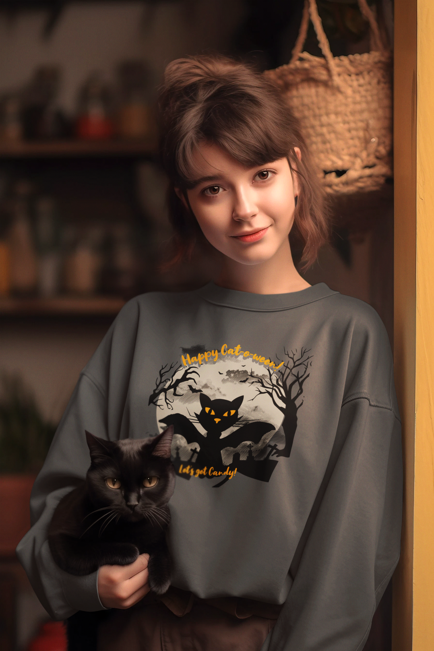 'Happy Cat-o-ween! Let's Get Candy!' Unisex Heavy Blend™ Crewneck Sweatshirt.