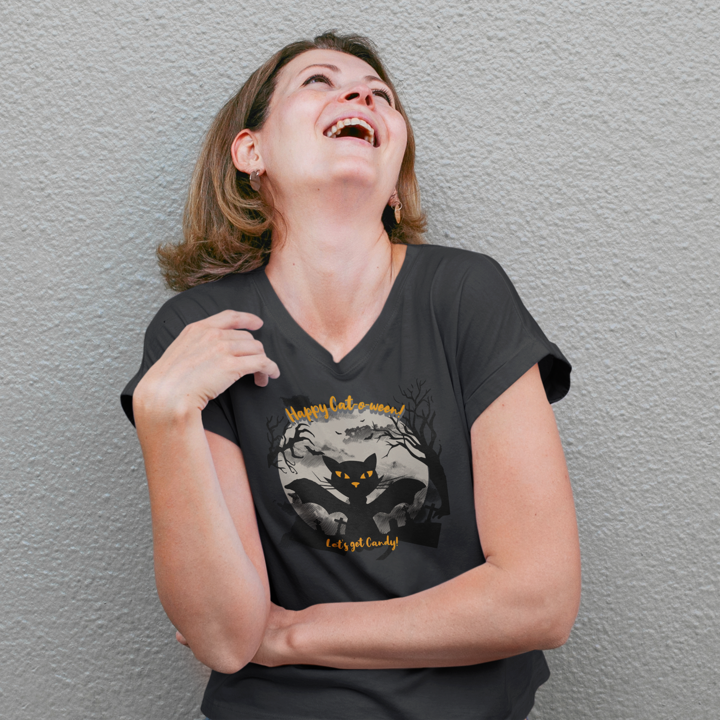 'Happy Cat-o-ween! Let's Get Candy! Unisex Jersey Short Sleeve V-Neck Tee.