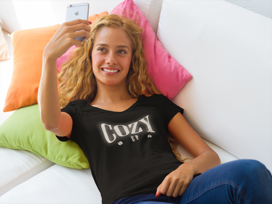 'Cozy Up' Unisex Jersey Short Sleeve V-Neck Tee.