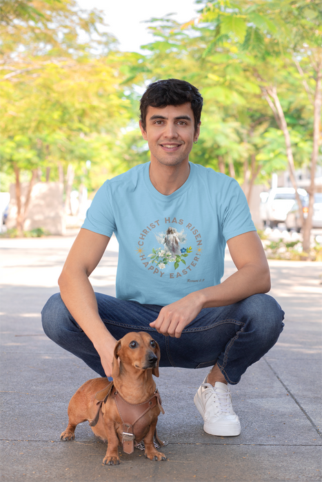 ' "Christ has Risen..." Happy Easter!' Romans 6:9 Unisex Cotton Tee.