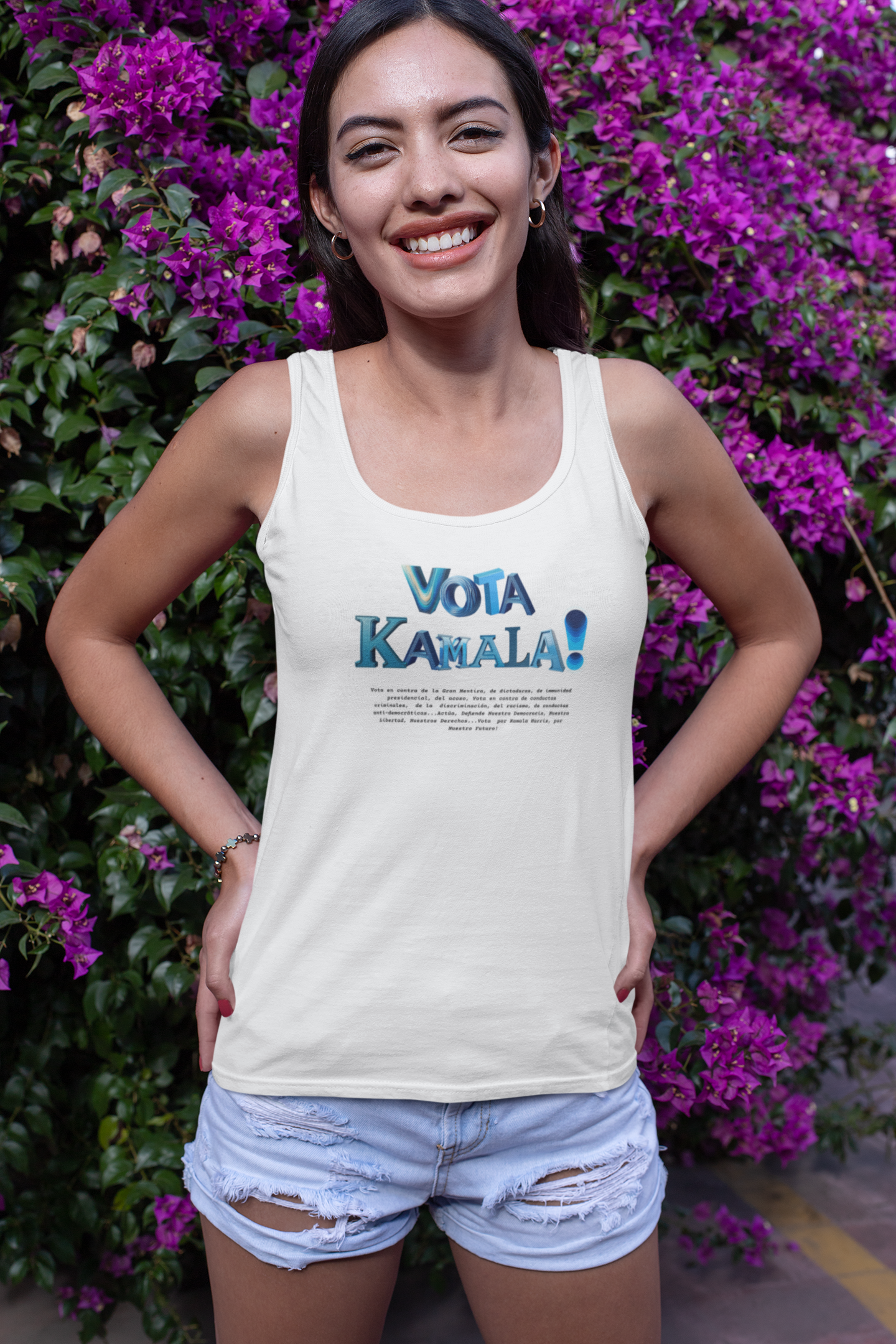 'Vota Kamala! Vota en contra de La Gran Mentira, de dictaduras, de immunidad presidencial, del acoso, Vota en contra de conductas criminales...' Unisex Jersey Tank