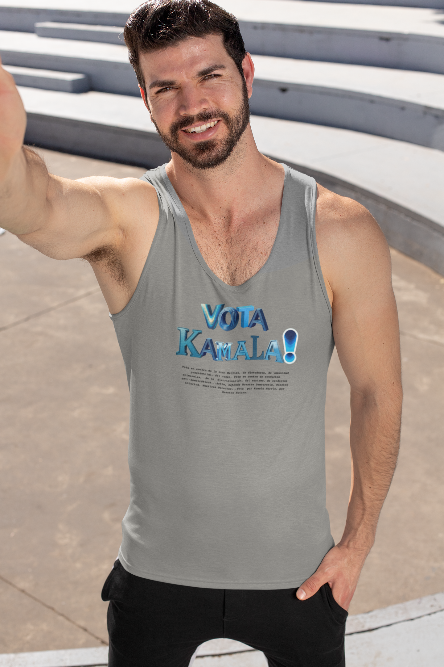 'Vota Kamala! Vota en contra de La Gran Mentira, de dictaduras, de immunidad presidencial, del acoso, Vota en contra de conductas criminales...' Unisex Jersey Tank