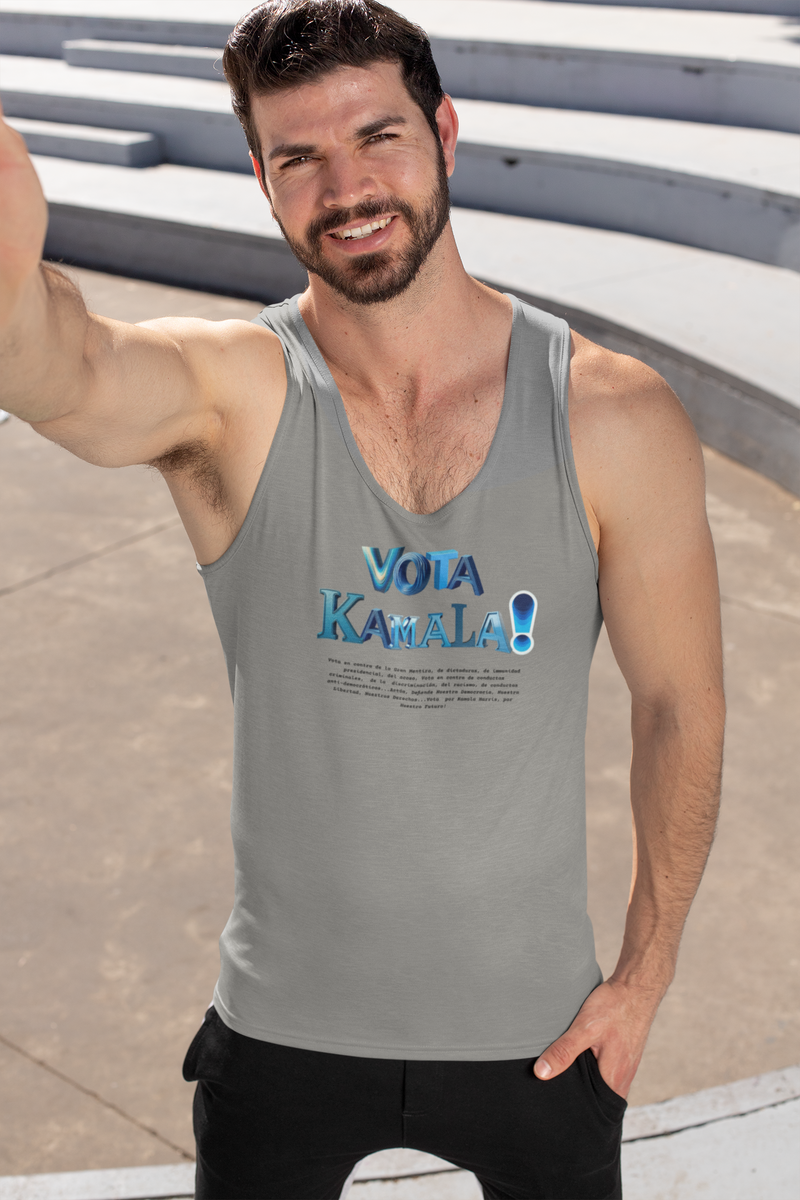 'Vota Kamala! Vota en contra de La Gran Mentira, de dictaduras, de immunidad presidencial, del acoso, Vota en contra de conductas criminales...' Unisex Jersey Tank