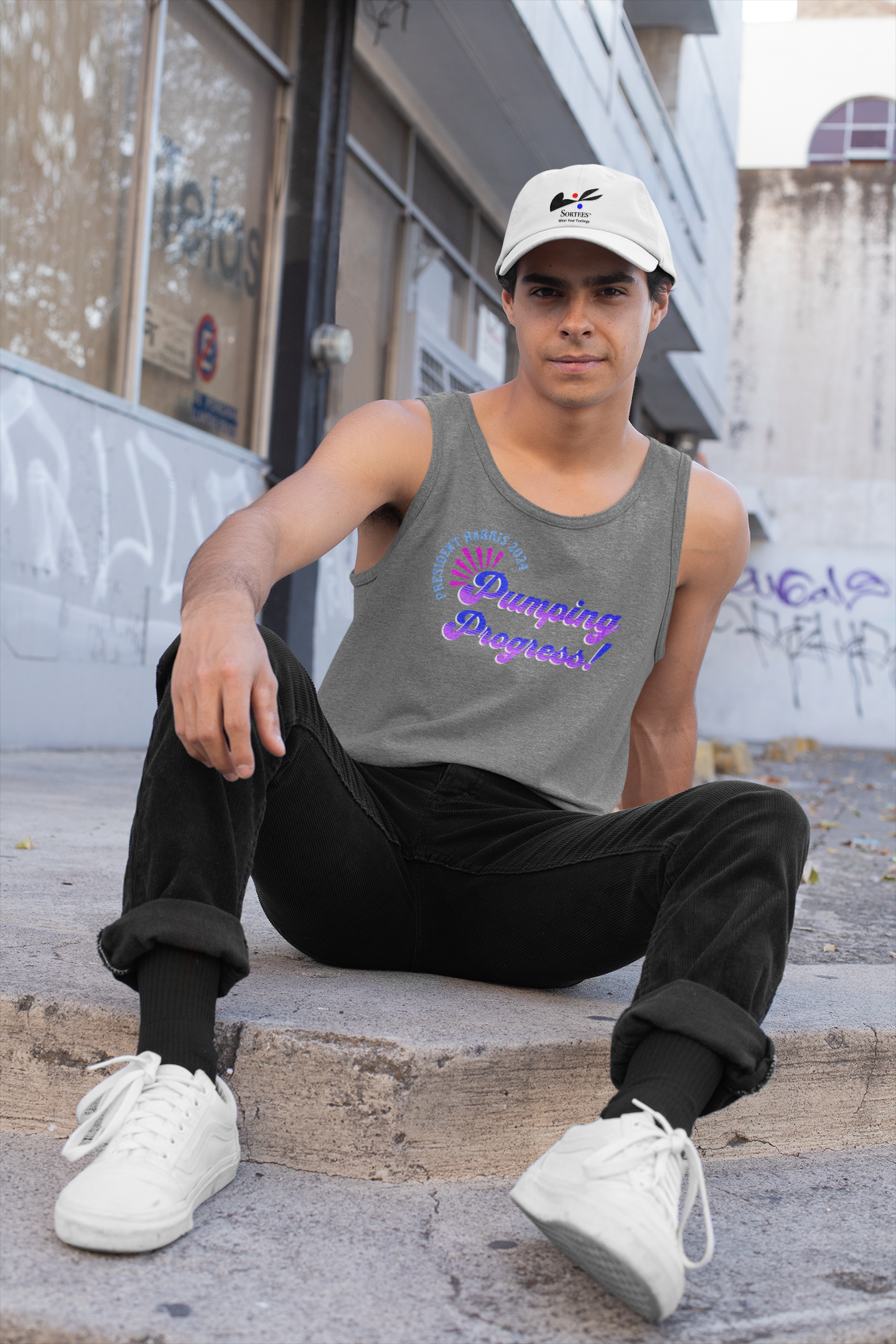 'President Harris 2024. Pumping Progress!' Unisex Jersey Tank.