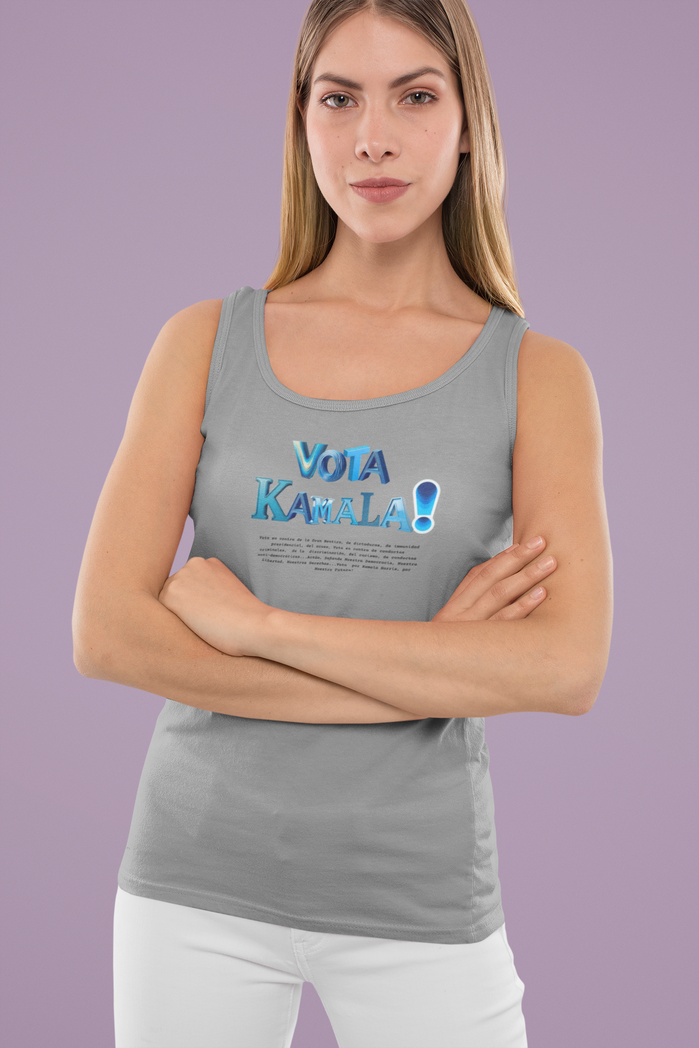 'Vota Kamala! Vota en contra de La Gran Mentira, de dictaduras, de immunidad presidencial, del acoso, Vota en contra de conductas criminales...' Unisex Jersey Tank