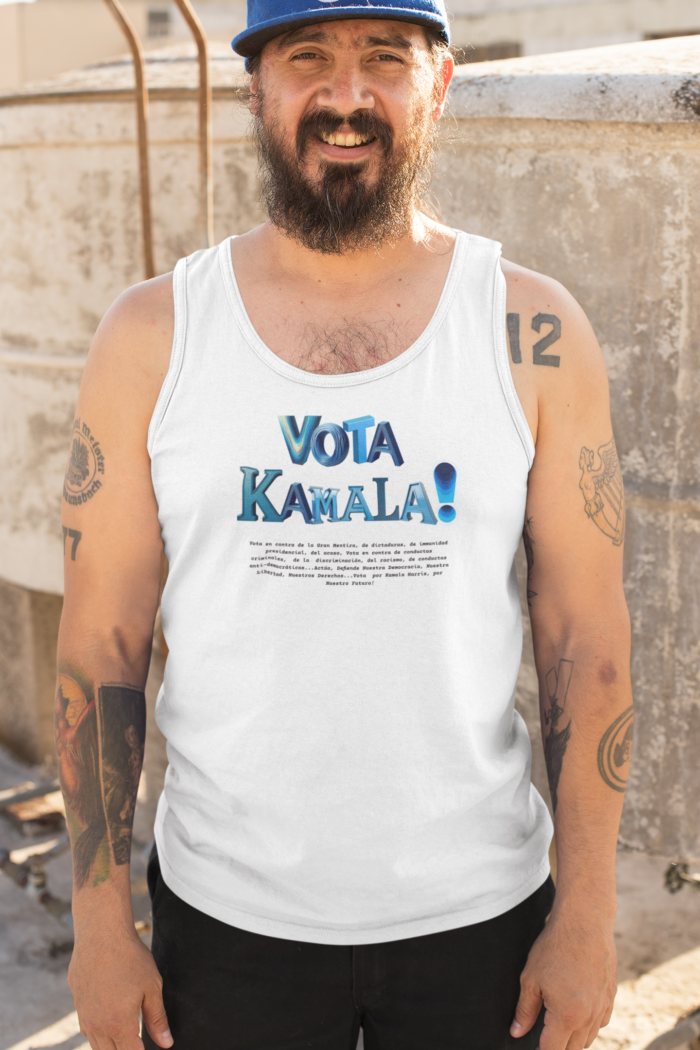 'Vota Kamala! Vota en contra de La Gran Mentira, de dictaduras, de immunidad presidencial, del acoso, Vota en contra de conductas criminales...' Unisex Jersey Tank