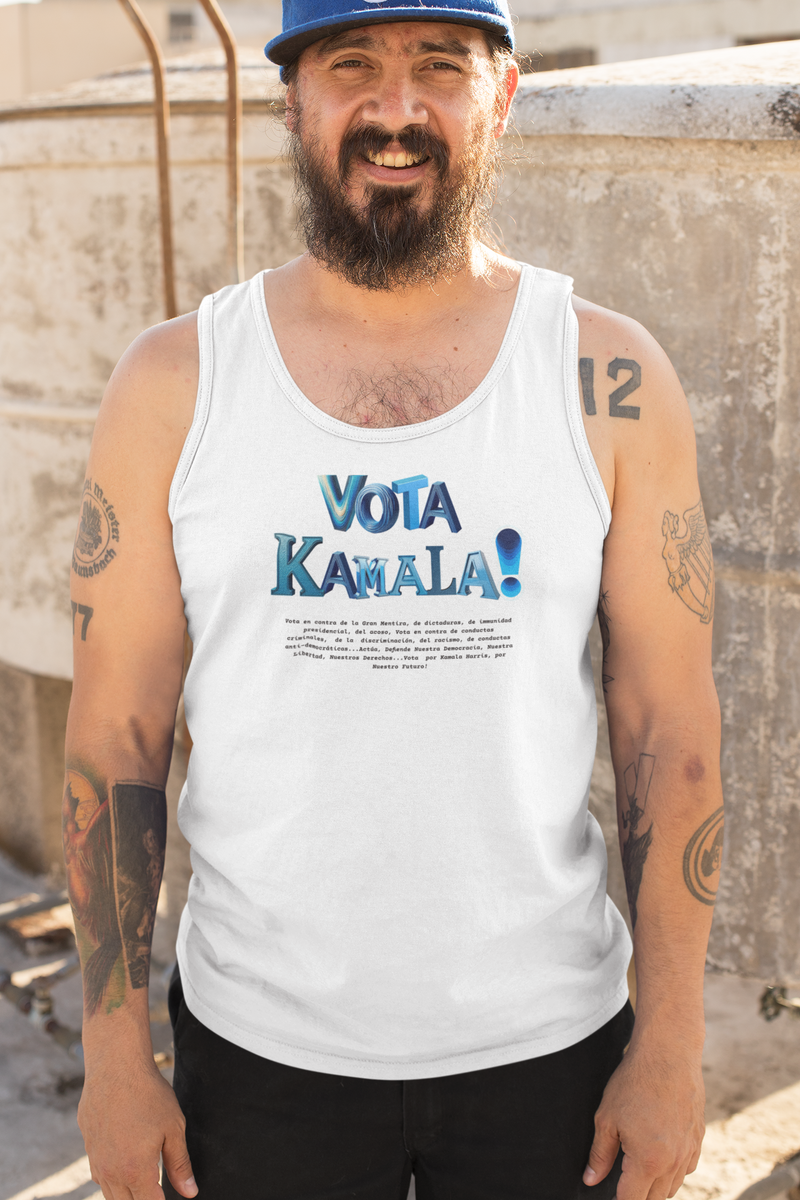 'Vota Kamala! Vota en contra de La Gran Mentira, de dictaduras, de immunidad presidencial, del acoso, Vota en contra de conductas criminales...' Unisex Jersey Tank