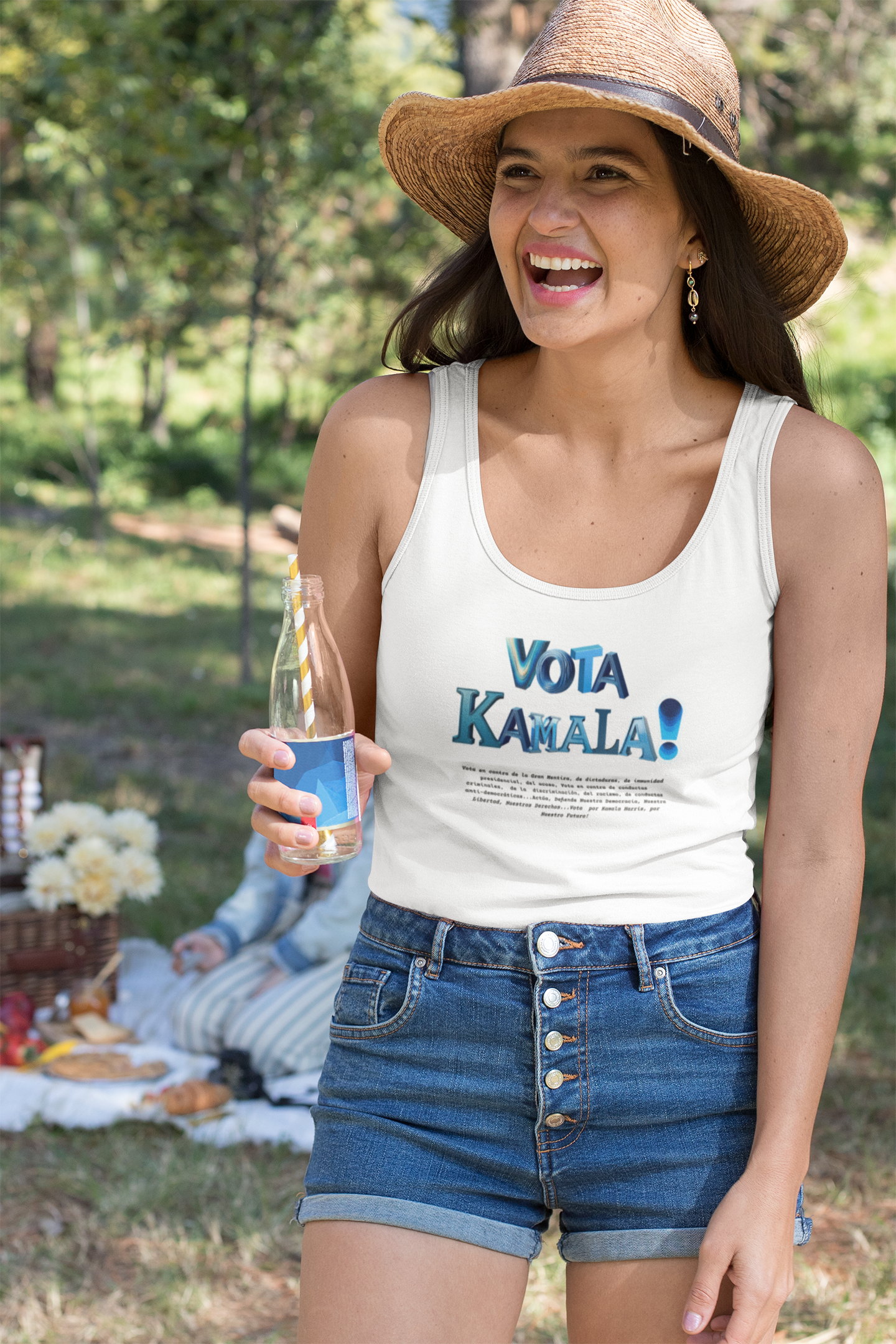 'Vota Kamala! Vota en contra de La Gran Mentira, de dictaduras, de immunidad presidencial, del acoso, Vota en contra de conductas criminales...' Unisex Jersey Tank