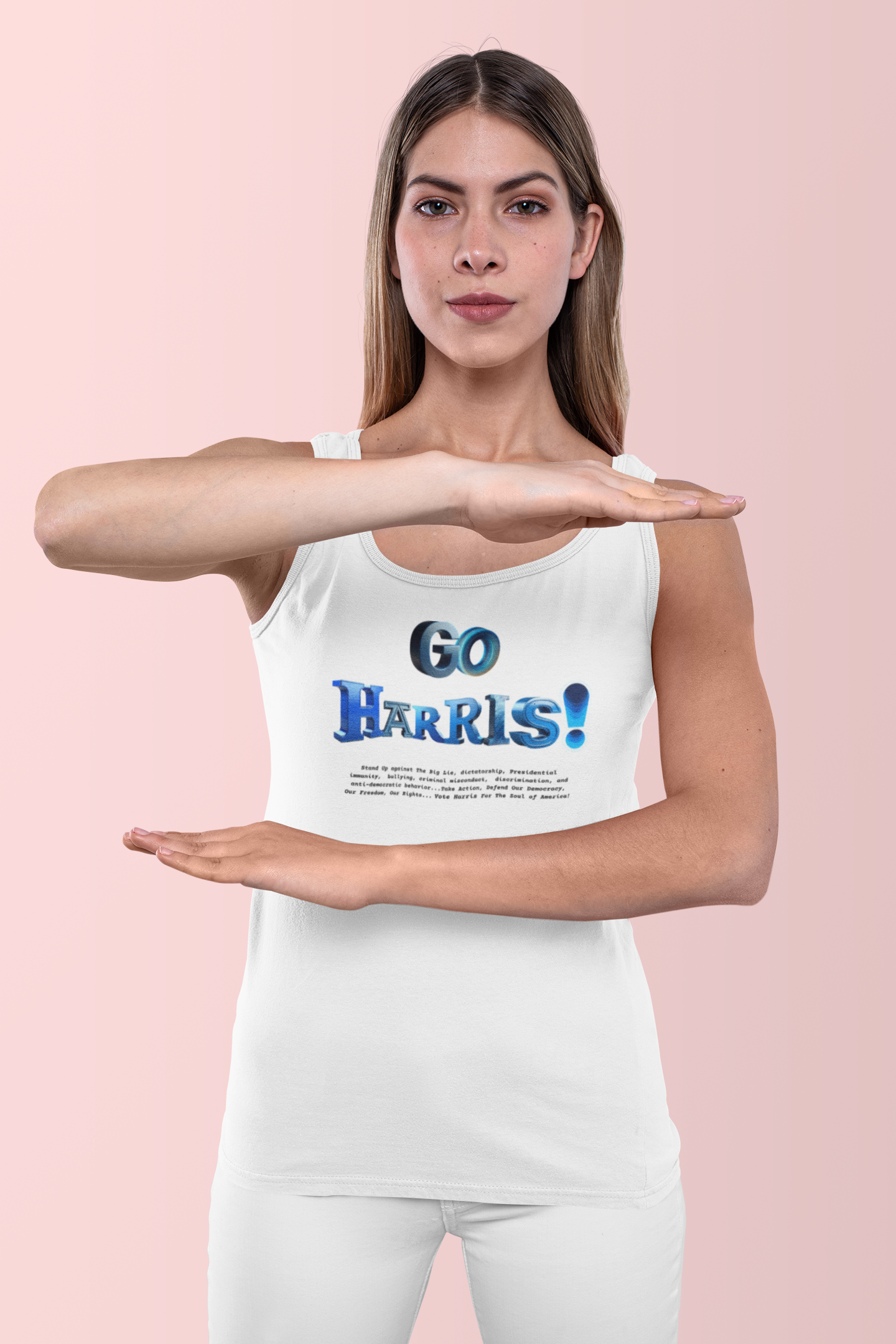 'Go Harris! Stand Up Against The Big Lie,  dictatorship, Presidential immunity,  bullying,  criminal misconduct...'  Unisex Jersey Tank.