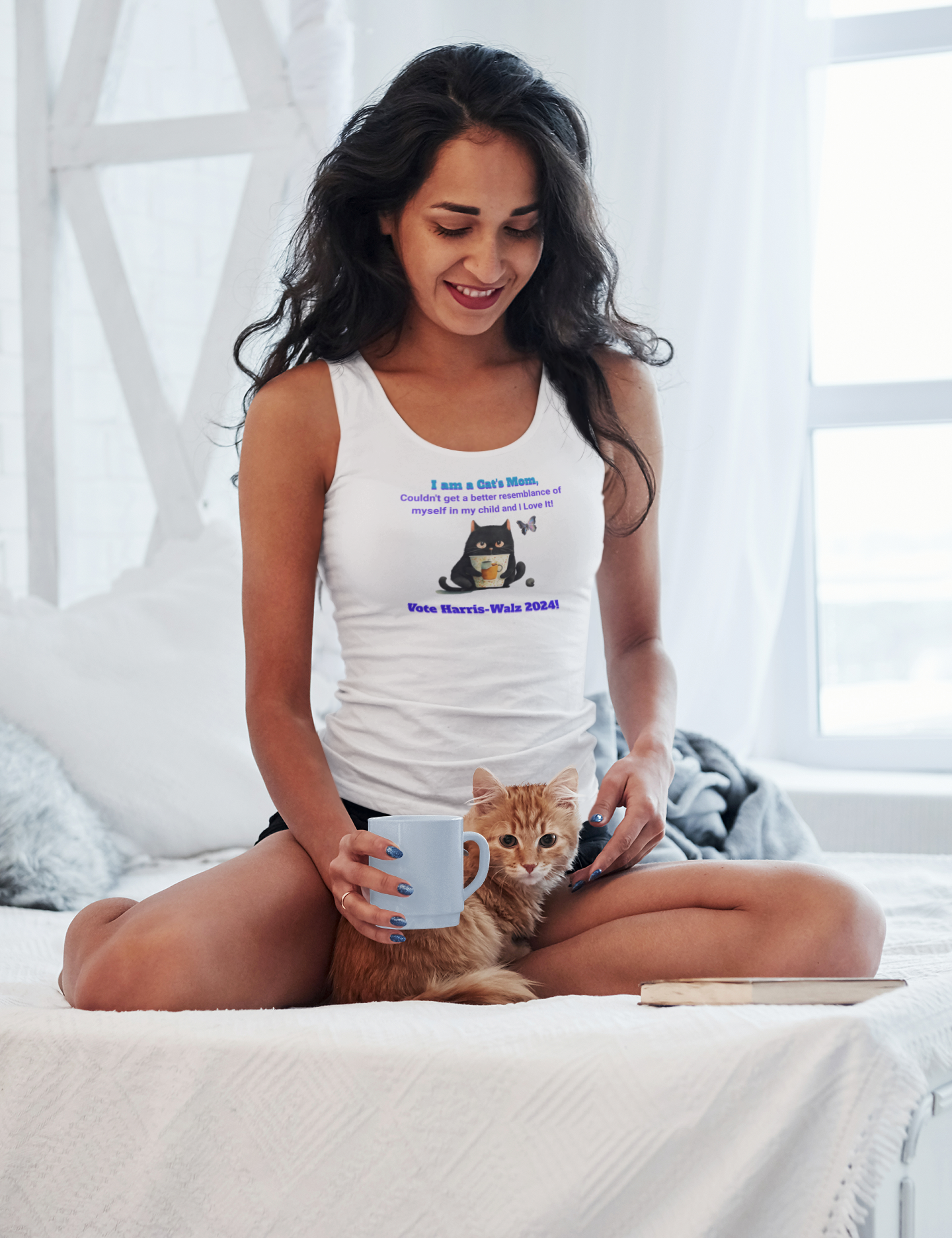 'I am a Cat's Mom, Couldn't Get A Better Resemblance of Myself in My Child and I Love It!...Vote Harris - Walz 2024!' Unisex Jersey Tank.