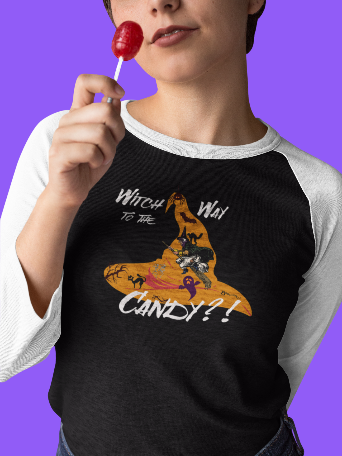 'Witch way to the Candy?!' Unisex 3\4 Sleeve Baseball Tee.