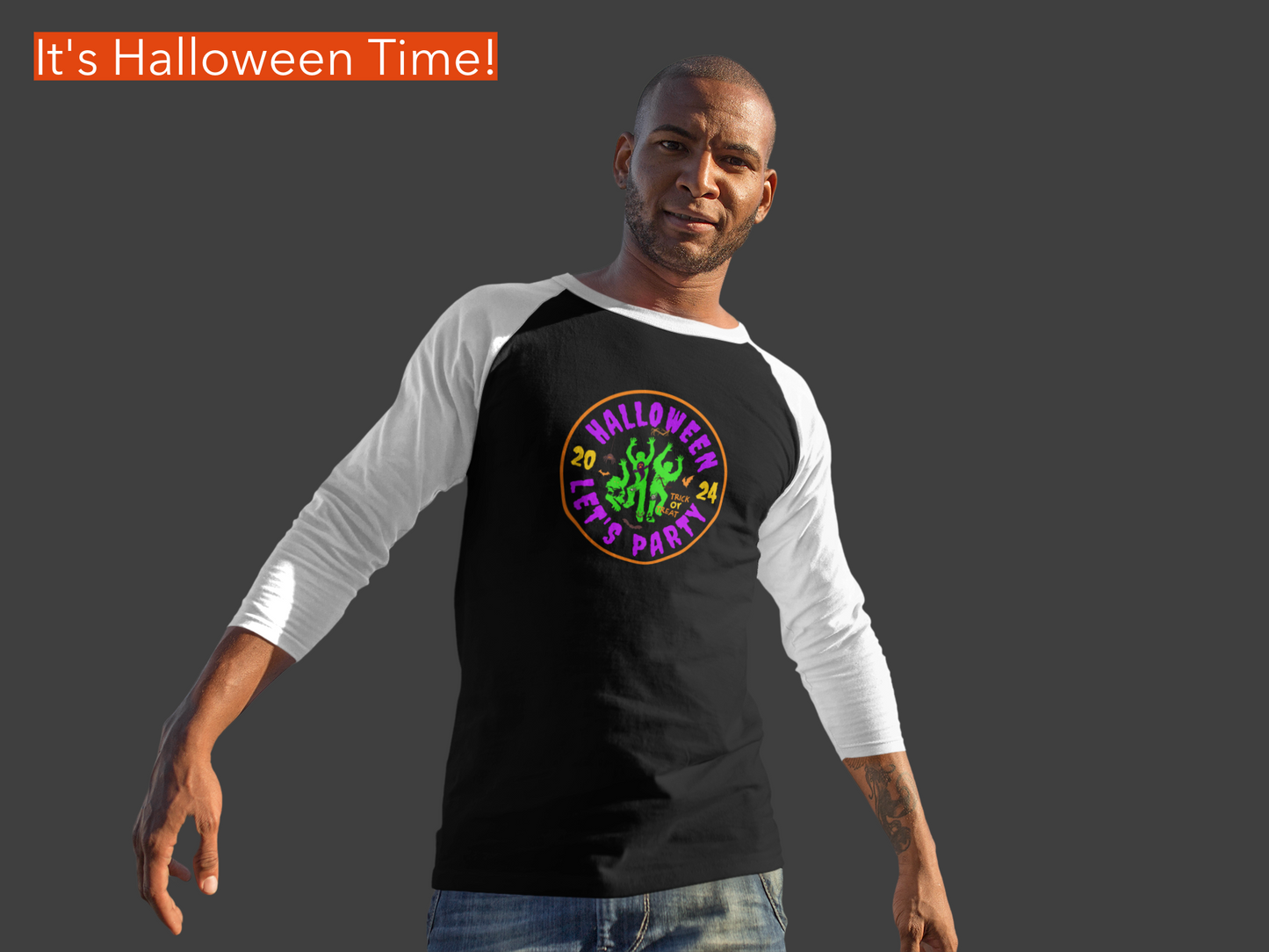 'Halloween 2024-Let's Party' Unisex 3\4 Sleeve Baseball Tee.