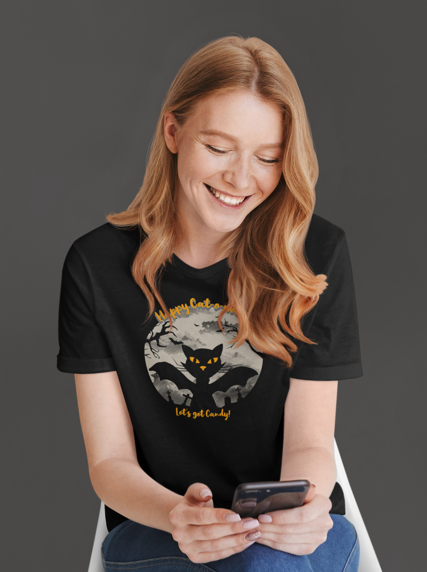 'Happy Cat-o-ween! Let's Get Candy! Unisex Jersey Short Sleeve V-Neck Tee.