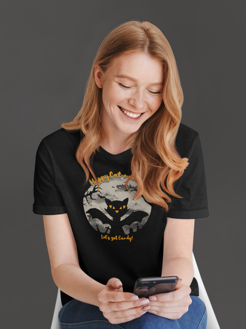 'Happy Cat-o-ween! Let's Get Candy! Unisex Jersey Short Sleeve V-Neck Tee.