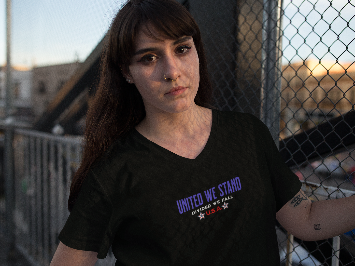 'United We Stand, Divide We Fall -U.S.A.-' Unisex Jersey Short Sleeve V-Neck Tee.