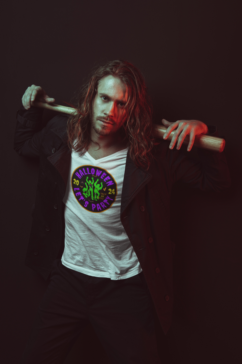 'Halloween 2024-Let's Party' Unisex Jersey Short Sleeve V-Neck Tee.