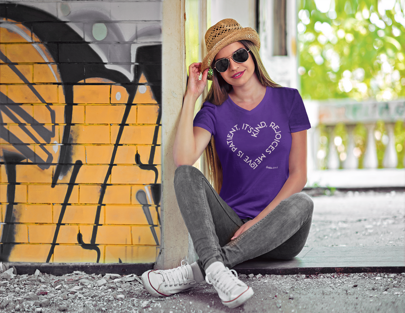 " Love is patient, it's kind, it rejoices me" 1 Corinthias 13: 4-8 Unisex Jersey Short Sleeve V-Neck Tee.