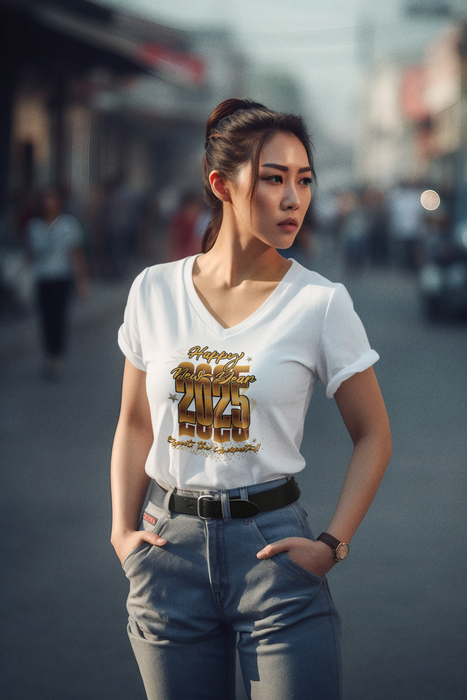 'Happy New Year 2025, Expect the Unexpected' Unisex Jersey Short Sleeve V-Neck Tee.
