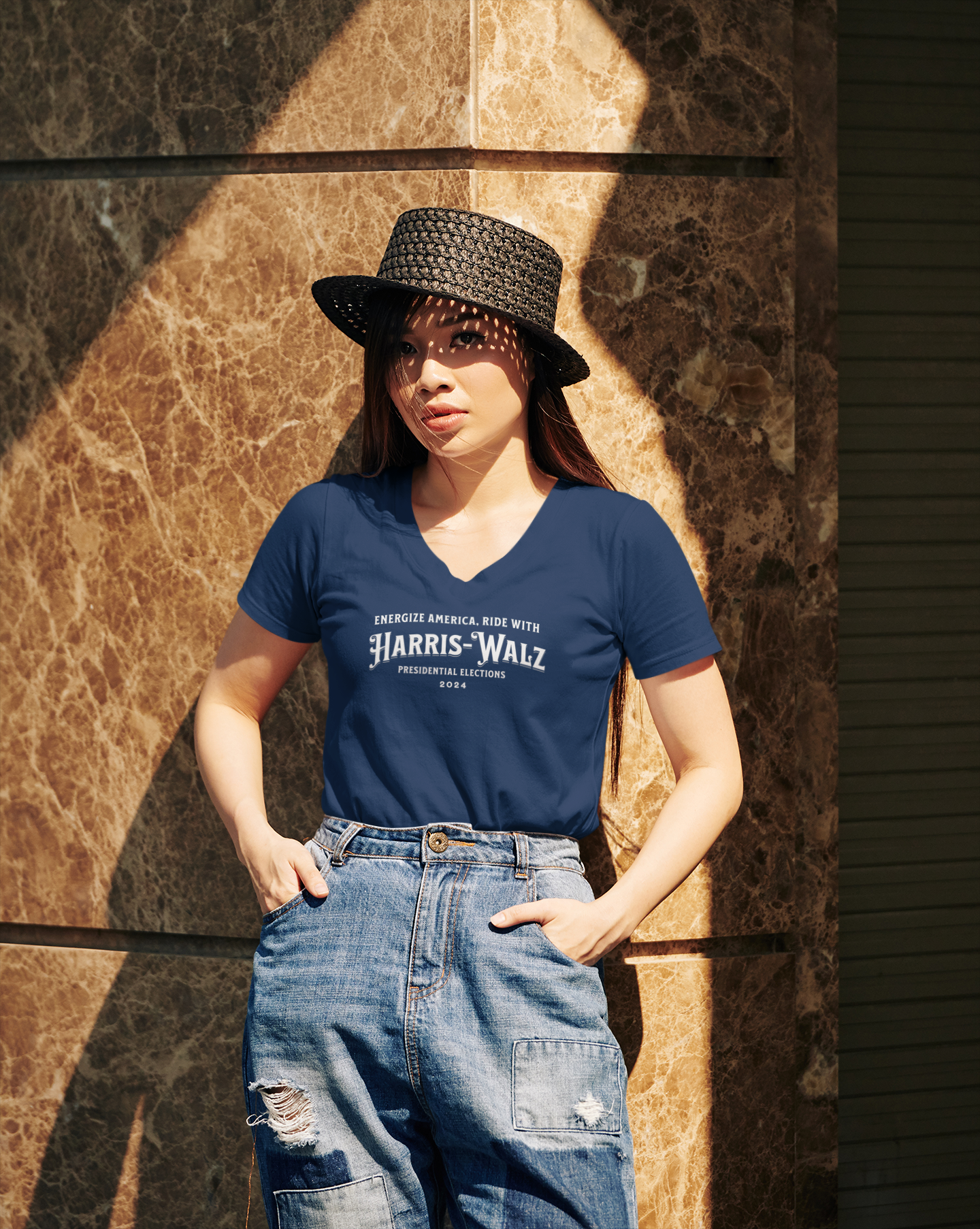 'Energize America, Ride With Harris-Walz! -Presidential Elections 2024-' Unisex Jersey Short Sleeve V-Neck Tee.