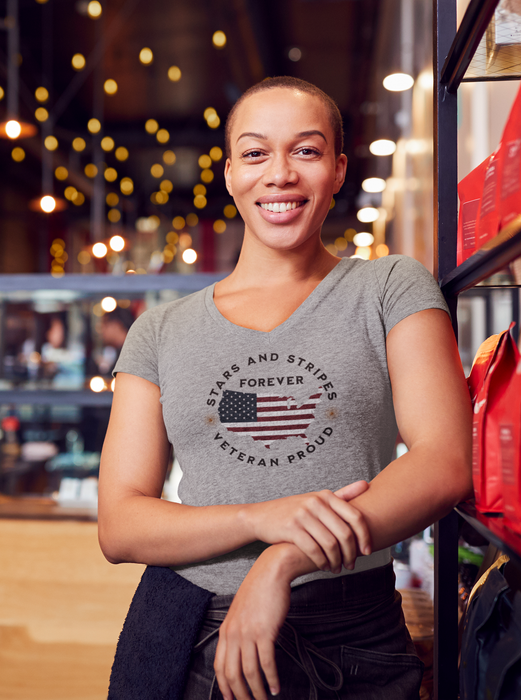'Stars and Stripes Forever  -Veteran Proud-'. Unisex Jersey Short Sleeve V-Neck Tee.