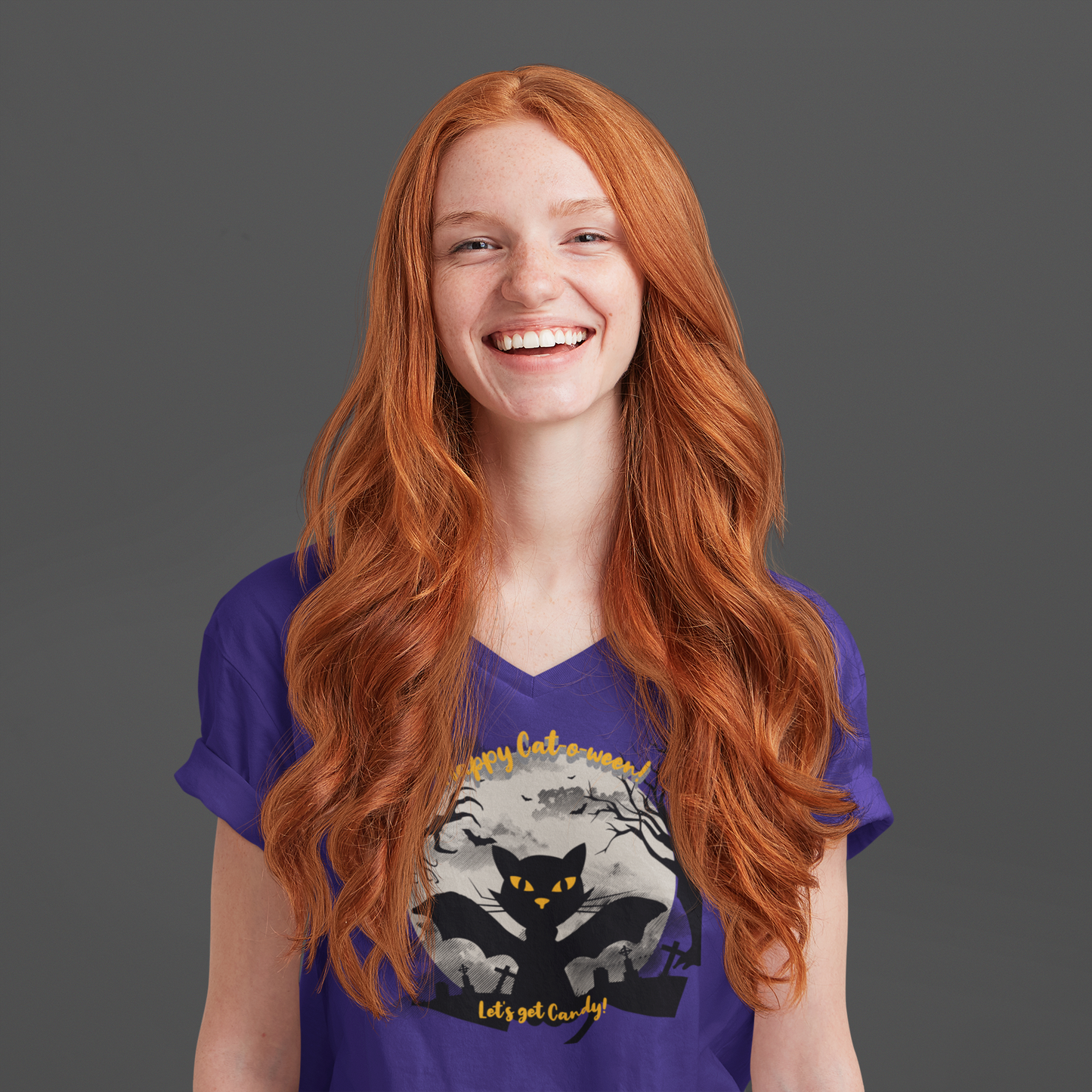 'Happy Cat-o-ween! Let's Get Candy! Unisex Jersey Short Sleeve V-Neck Tee.