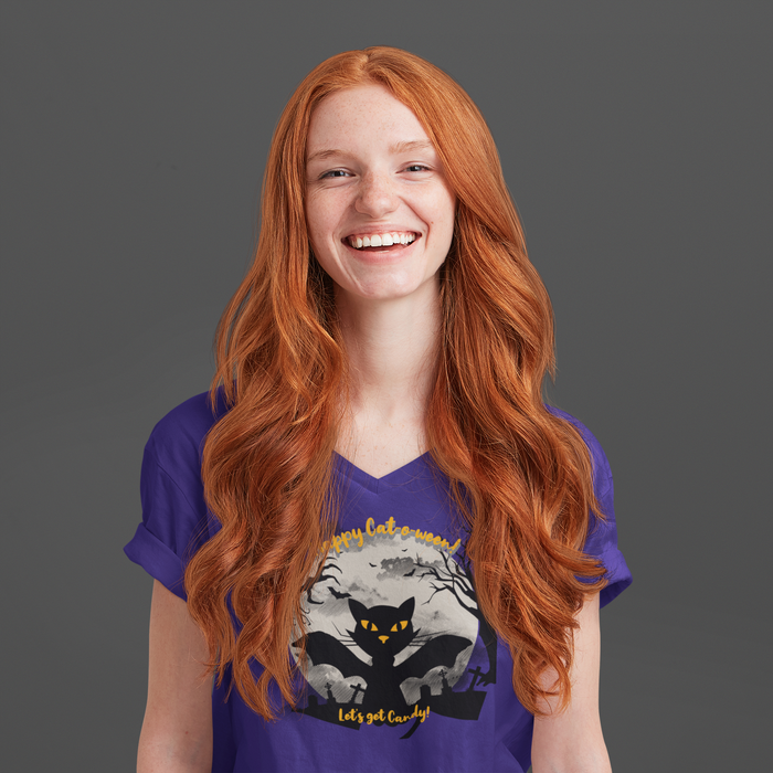 'Happy Cat-o-ween! Let's Get Candy! Unisex Jersey Short Sleeve V-Neck Tee.