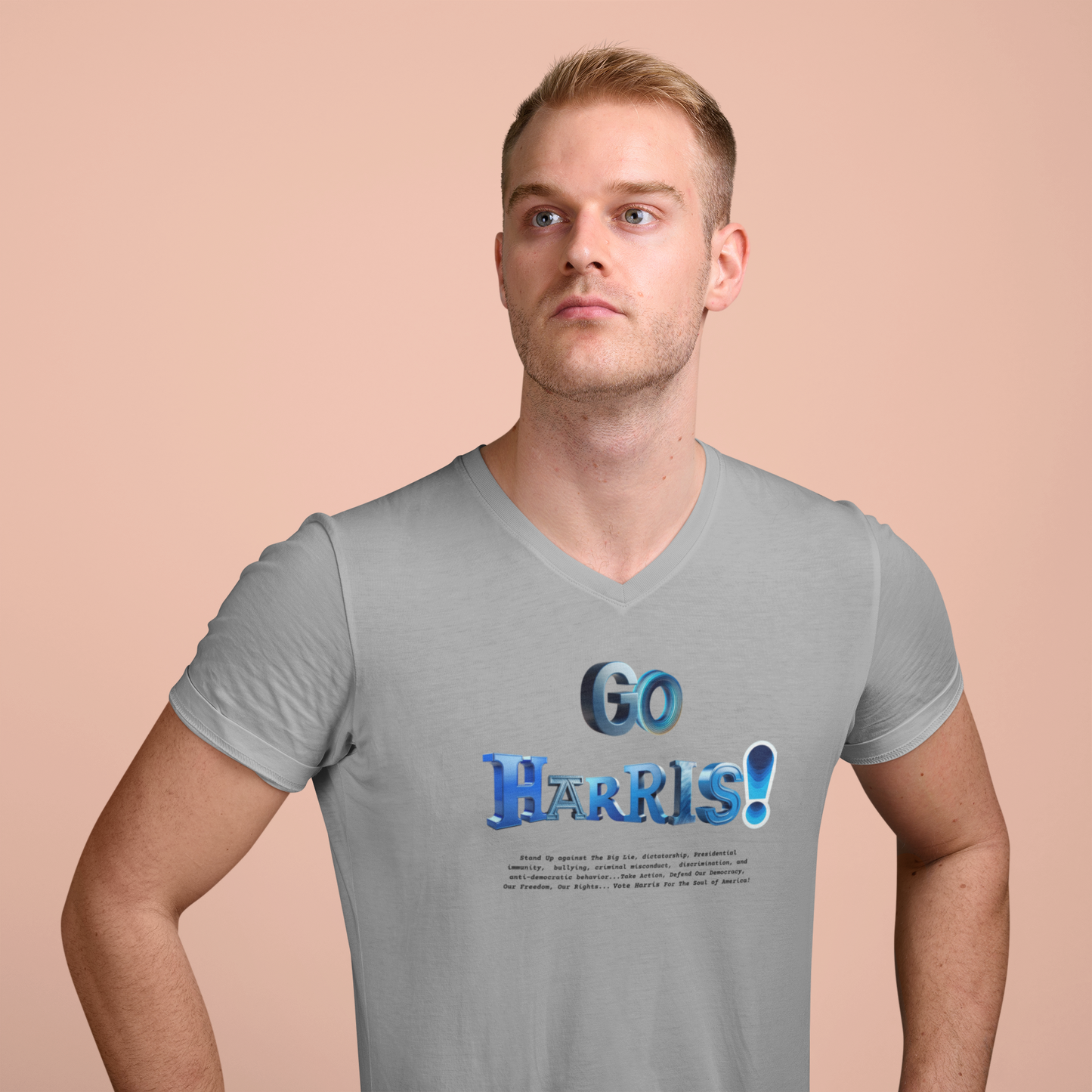 'Go Harris! Stanp Up Against The Big Lie, dictatorship,  Presidential immunity,  bullying,  criminal misconduct...'  Unisex Jersey Short Sleeve V-Neck Tee