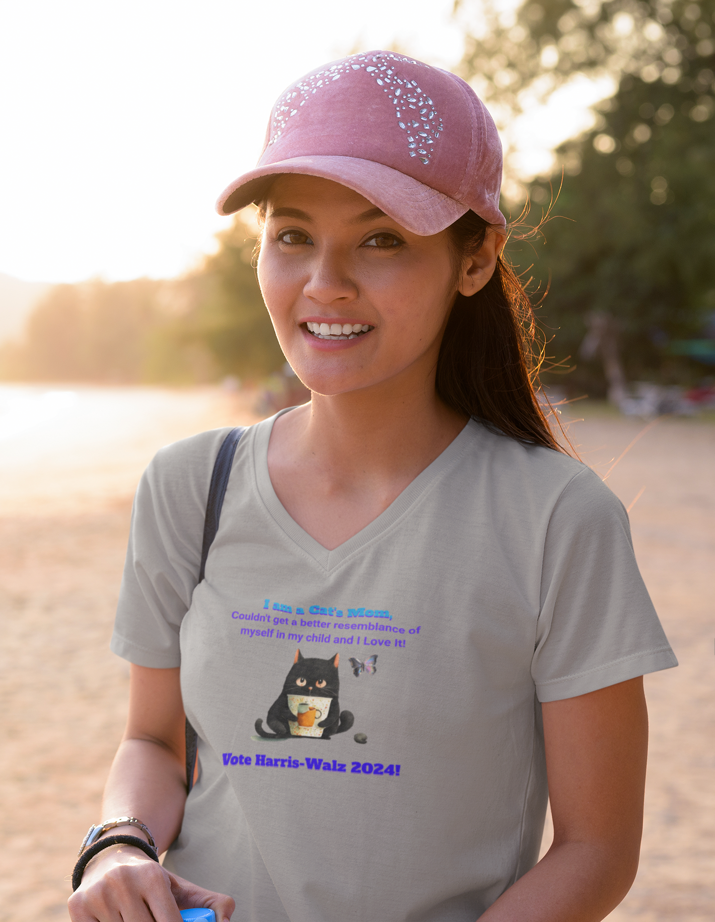 'I am a Cat's Mom, Couldn't Get a Better Resemblance of Myself in My Child and I Love It!...Vote Harris - Walz 2024!' Unisex Jersey Short Sleeve V-Neck Tee