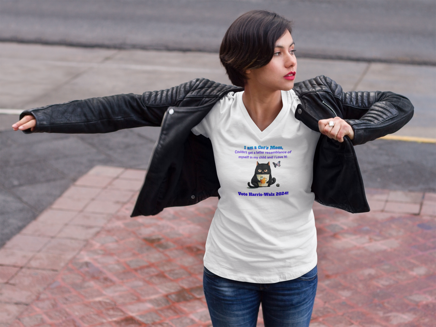 'I am a Cat's Mom, Couldn't Get a Better Resemblance of Myself in My Child and I Love It!...Vote Harris - Walz 2024!' Unisex Jersey Short Sleeve V-Neck Tee