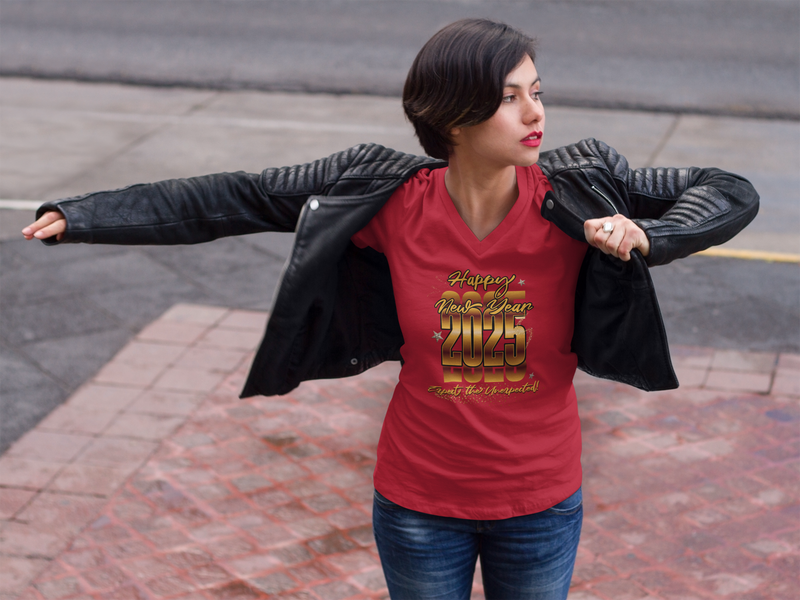 'Happy New Year 2025, Expect the Unexpected' Unisex Jersey Short Sleeve V-Neck Tee.
