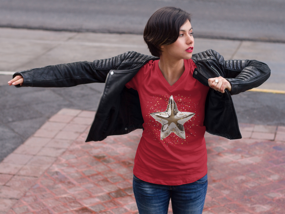 Christmas Star Image Unisex Jersey Short Sleeve V-Neck Tee.