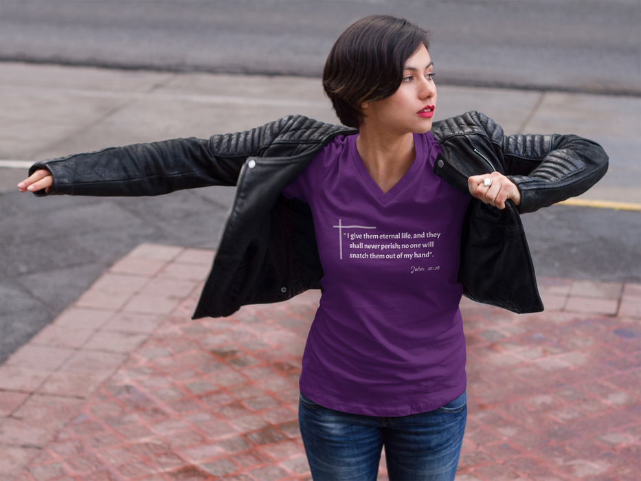 'I give them eternal life and they shall never perish; no one will snatch them out of my hand" John 10:28 Unisex Jersey Short Sleeve V-Neck Tee.
