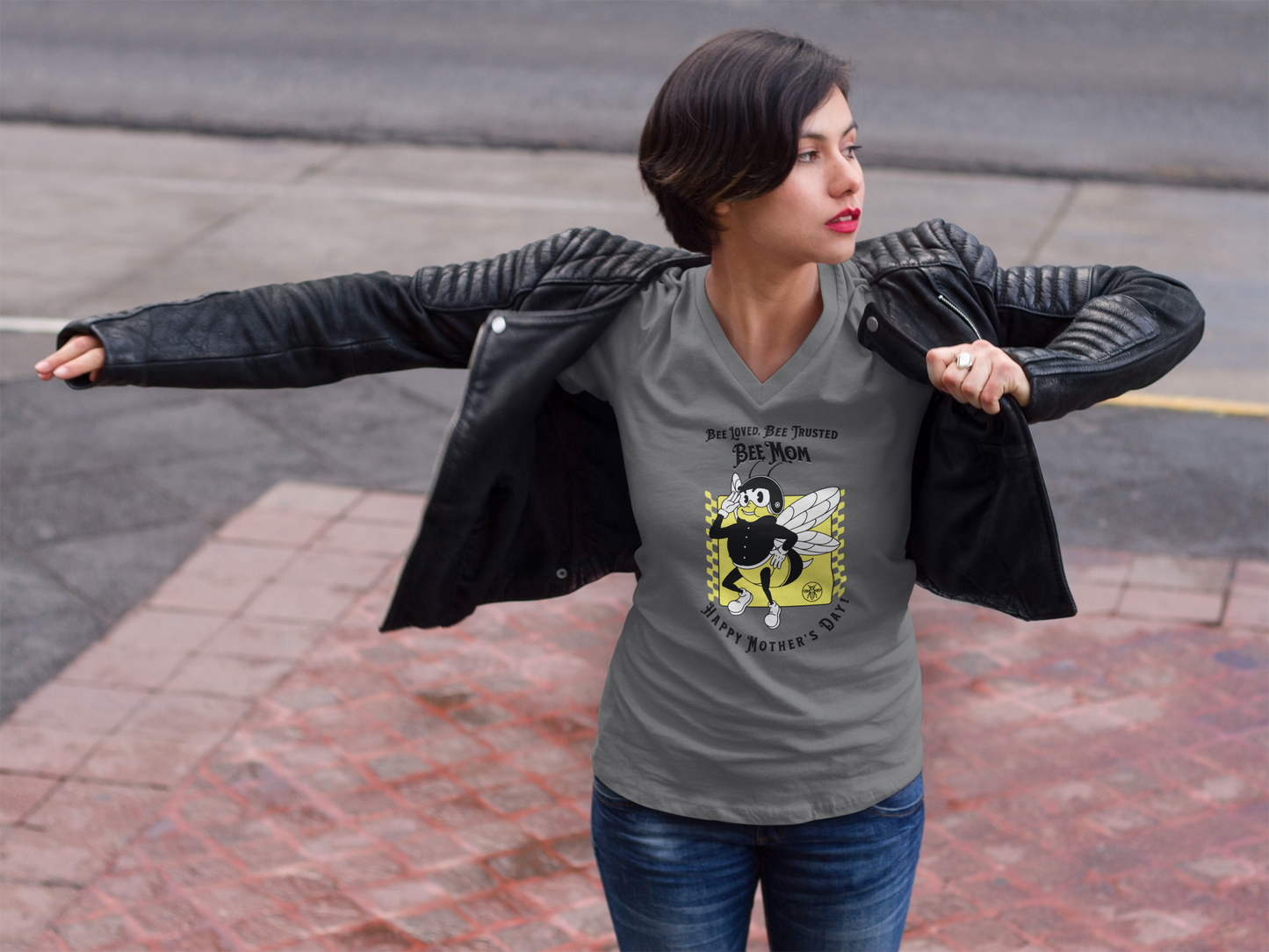 'Bee Loved, Bee Trusted, Bee Mom...Happy Mother's Day! Unisex Jersey Short Sleeve V-Neck Tee.