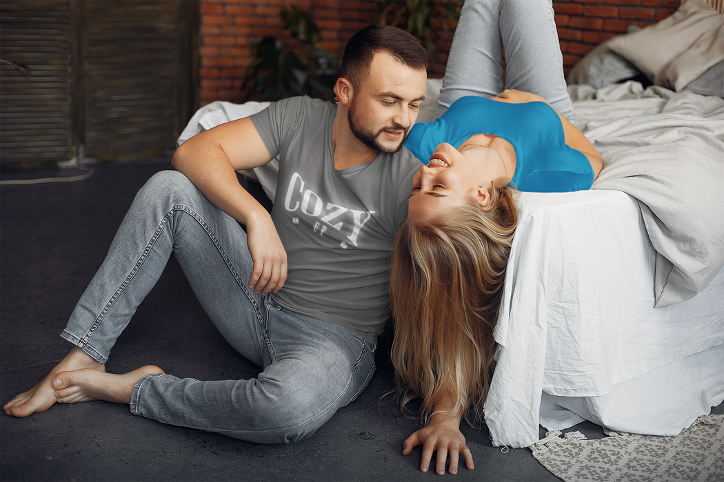 'Cozy Up' Unisex Jersey Short Sleeve V-Neck Tee.