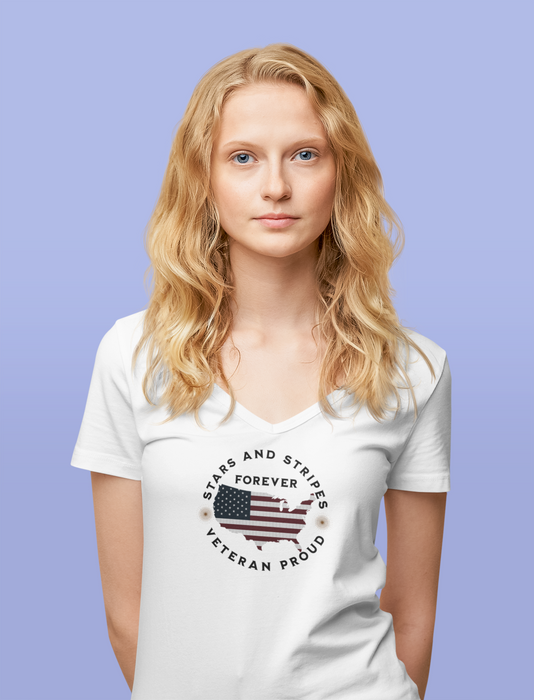 'Stars and Stripes Forever  -Veteran Proud-'. Unisex Jersey Short Sleeve V-Neck Tee.