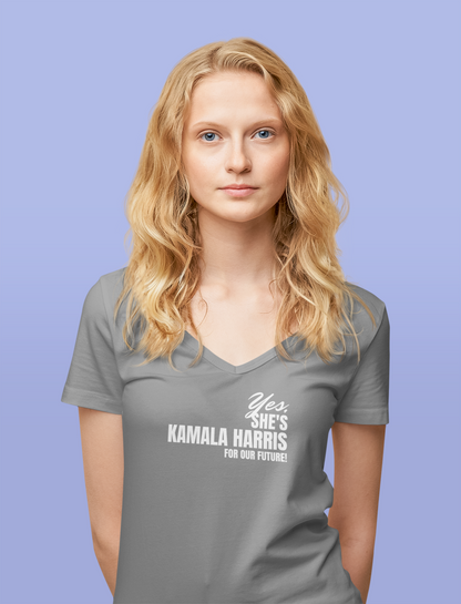 'Yes, She's Kamala Harris For Our Future!' Unisex Jersey Short Sleeve V-Neck Tee.