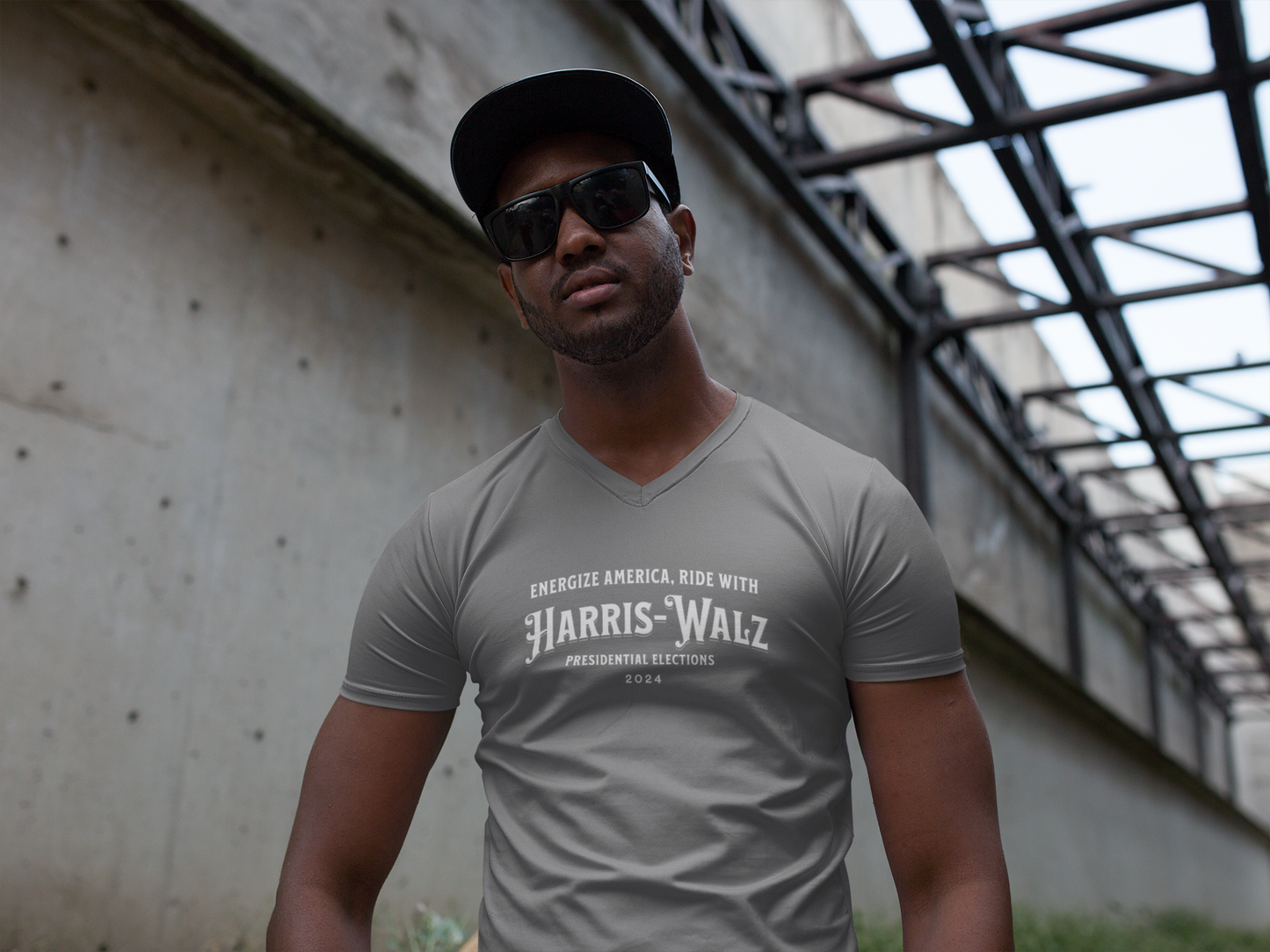 'Energize America, Ride With Harris-Walz! -Presidential Elections 2024-' Unisex Jersey Short Sleeve V-Neck Tee.