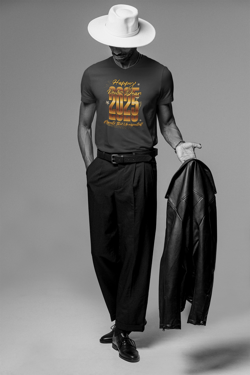'Happy New Year 2025, Expect the Unexpected' Unisex Jersey Short Sleeve V-Neck Tee.