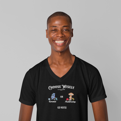 'Choose Wisely - Elections 2024- Karamel or Mushtrump...Go Vote! Unisex Jersey Short Sleeve V-Neck Tee.