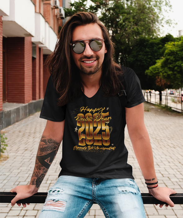 'Happy New Year 2025, Expect the Unexpected' Unisex Jersey Short Sleeve V-Neck Tee.
